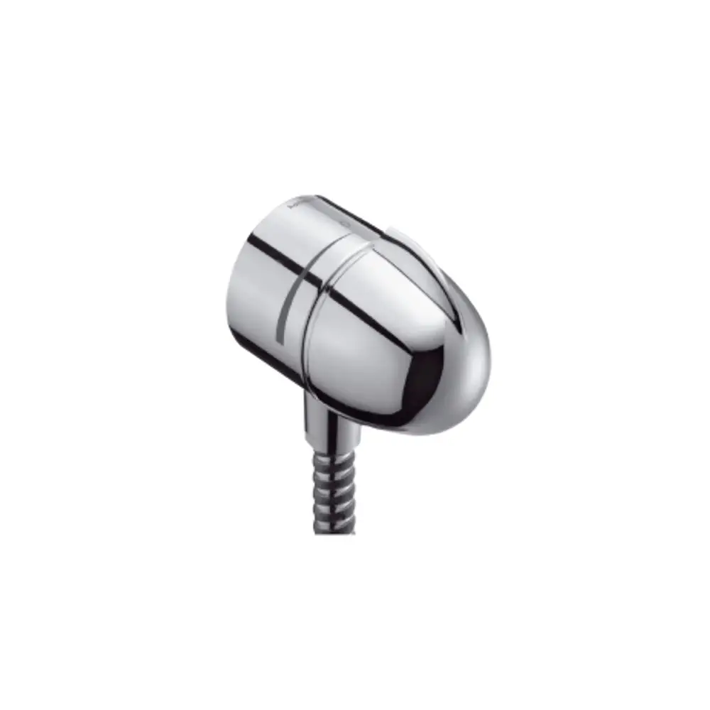 Wandanschluss mit Rückflussverhinderer und Absperrventil in Chrom-Finish von Hansgrohe. Das Produkt zeigt eine runde Form mit einem schraubbaren Anschluss.